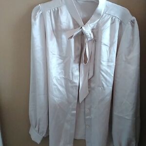 HALARA Beige Satin Tie-Neck Button Down Work Blouse